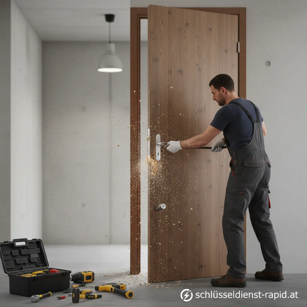 Eine aufgebrochene Tür, die von einem Schlüsseldienst geöffnet wurde