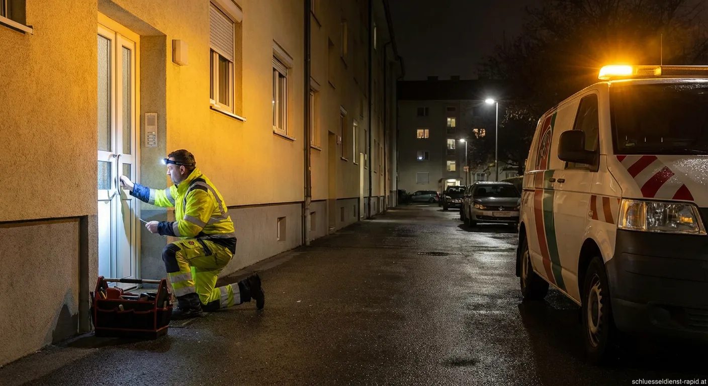 Monteur eines Aufsperrdienstes öffnet eine Haustür mit professionellem Werkzeug