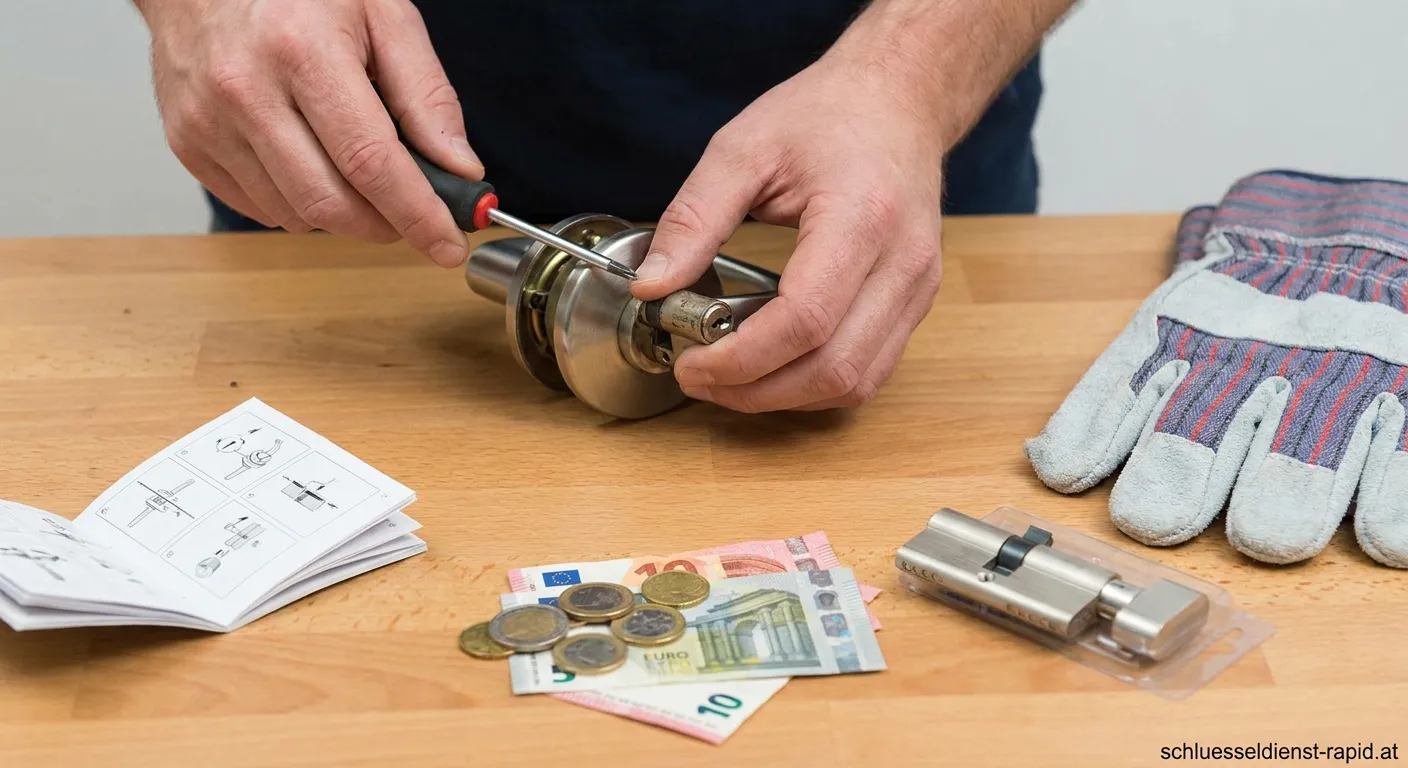 Handwerker montiert einen neuen Schließzylinder in eine Haustür