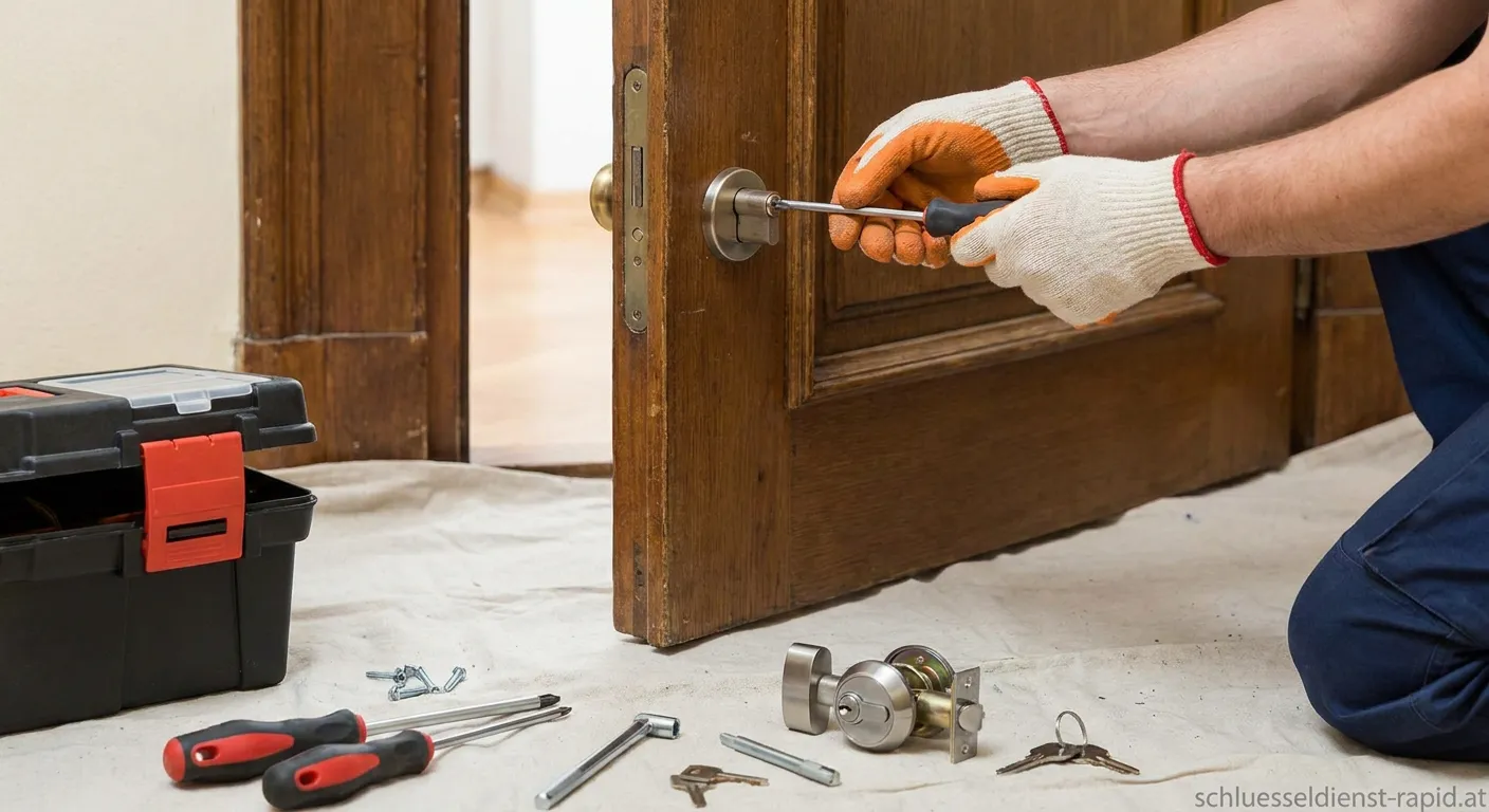 Handwerker beim Schloss austauschen an einer Haustür
