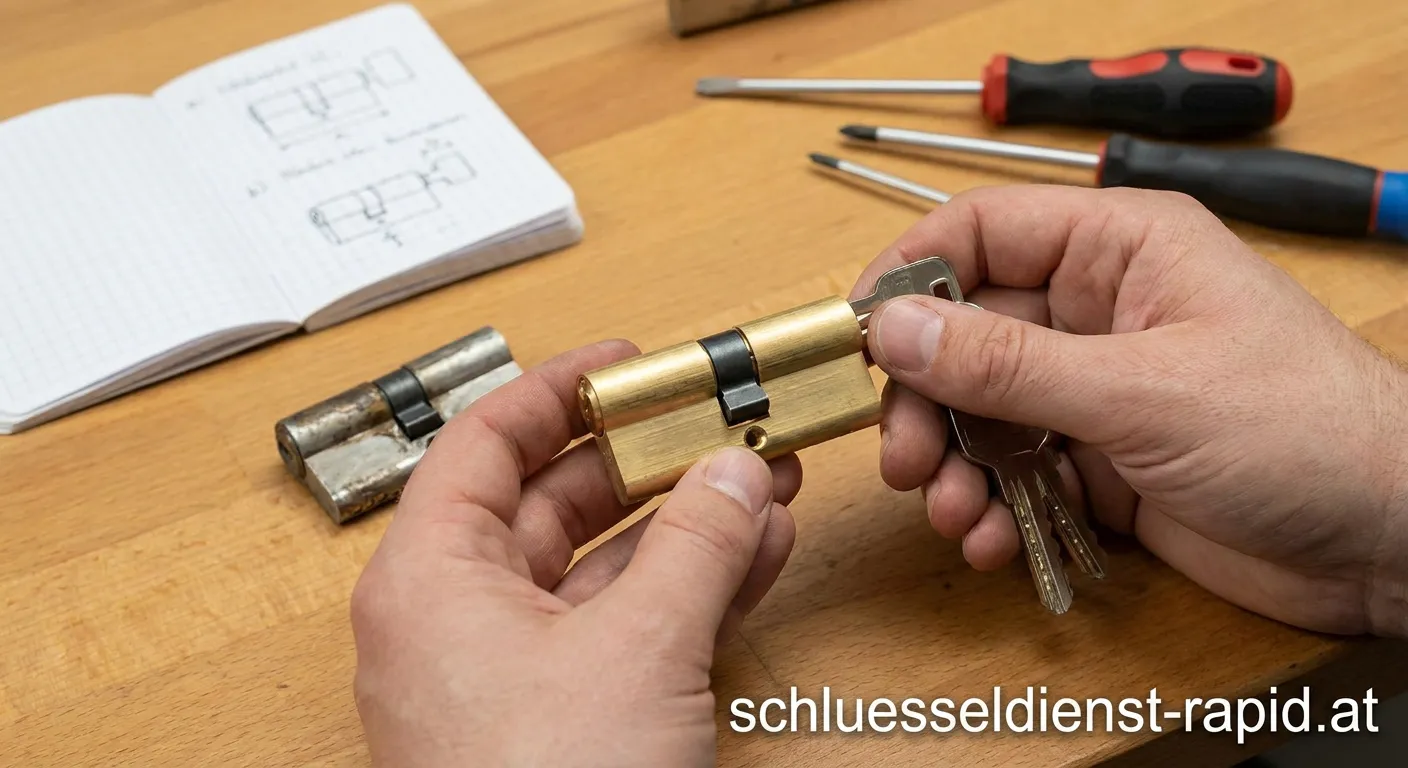 Handwerker tauscht Schließzylinder an einer Haustür aus