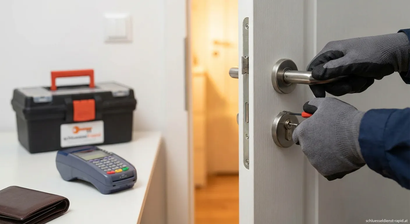 Schlosser öffnet professionell eine Tür mit speziellem Werkzeug