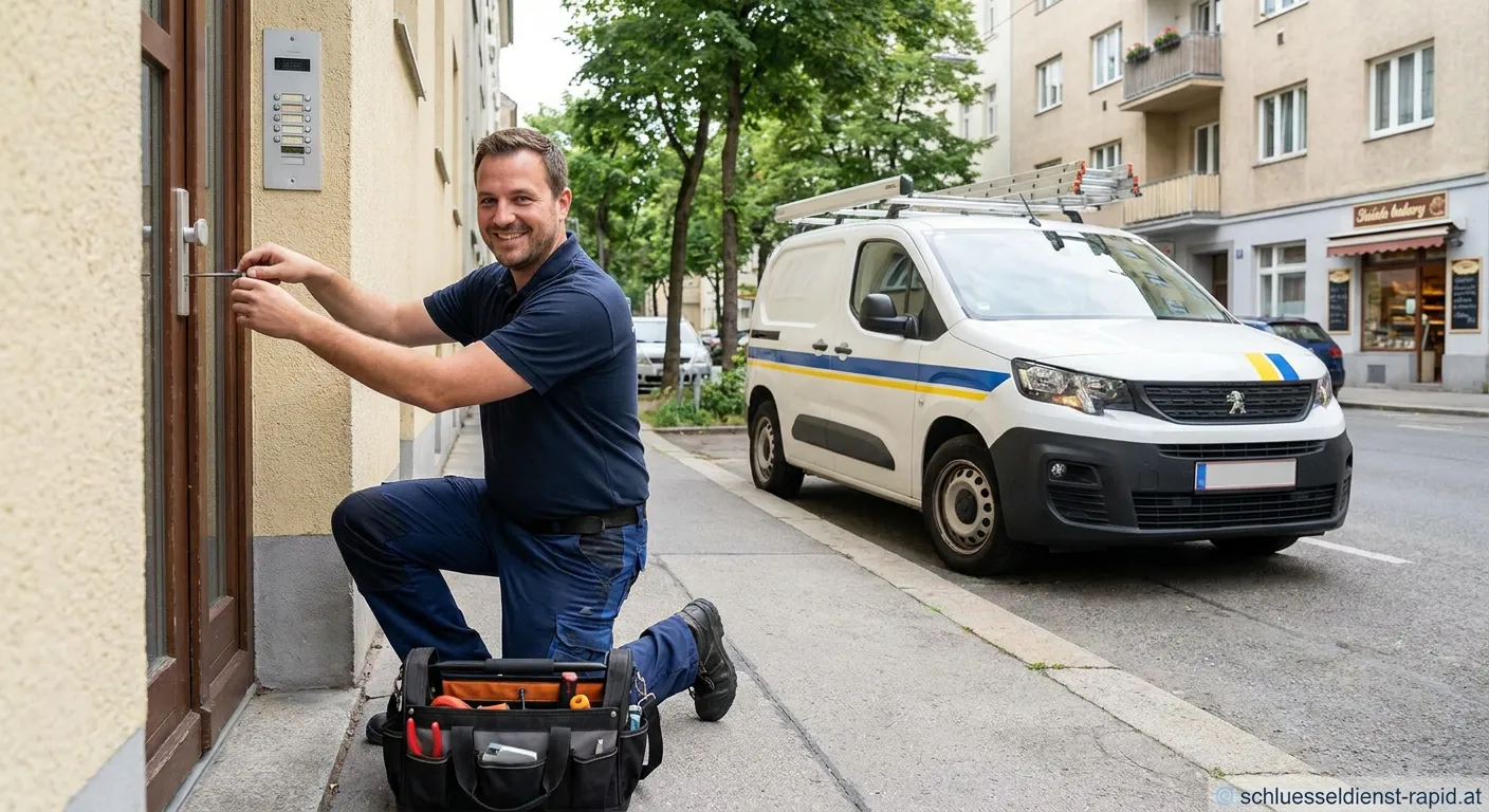 Schlüsseldienst Fahrzeug vor Haus während eines Notfalleinsatzes