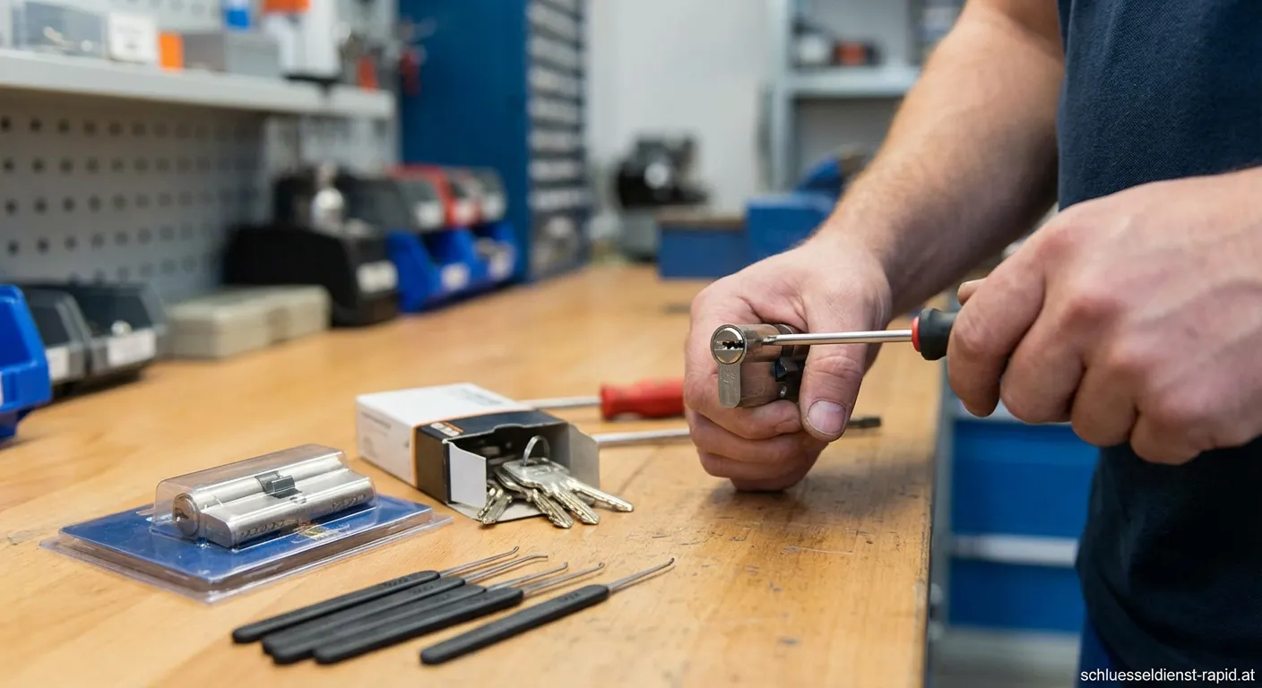 Schlüsseldienst Mitarbeiter montiert neuen Schließzylinder in Haustür