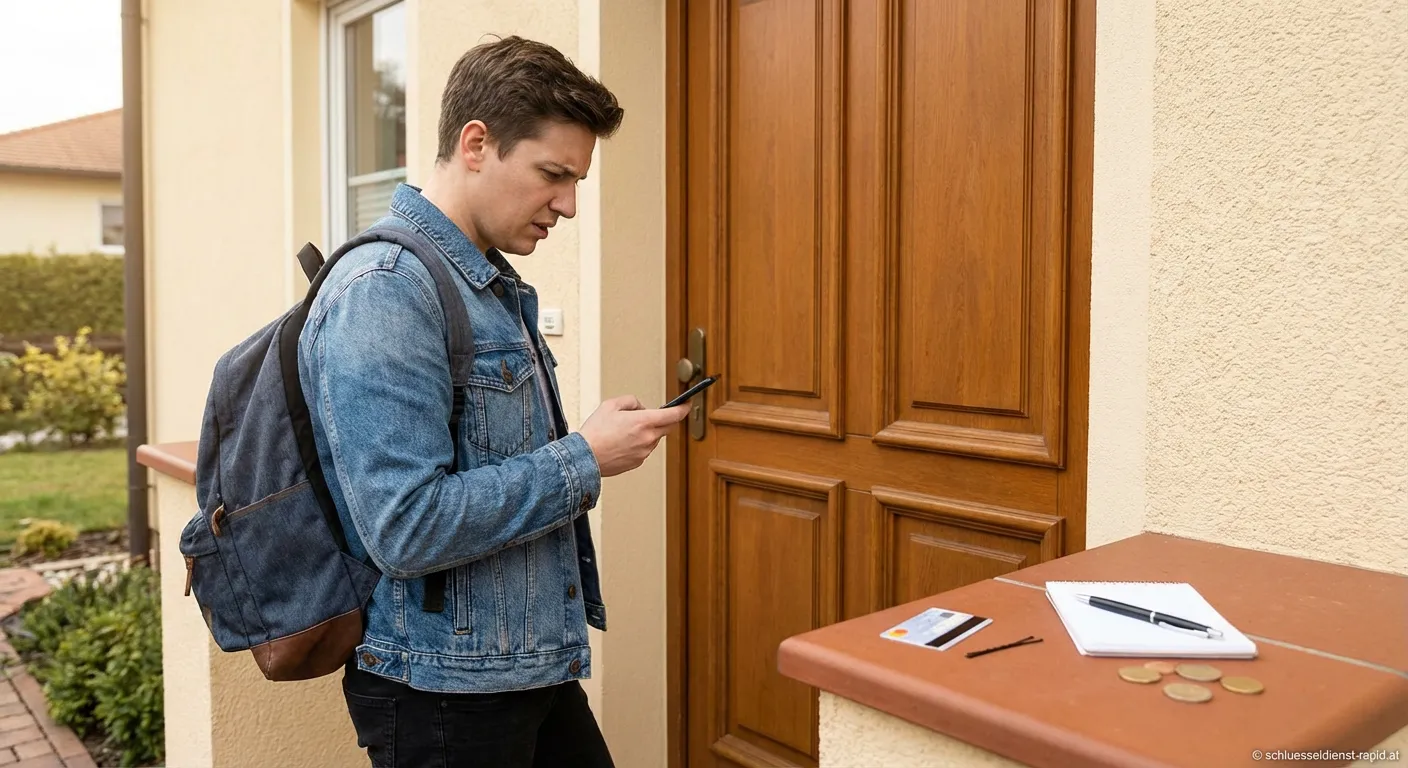 Person steht vor geschlossener Haustür und versucht diese zu öffnen