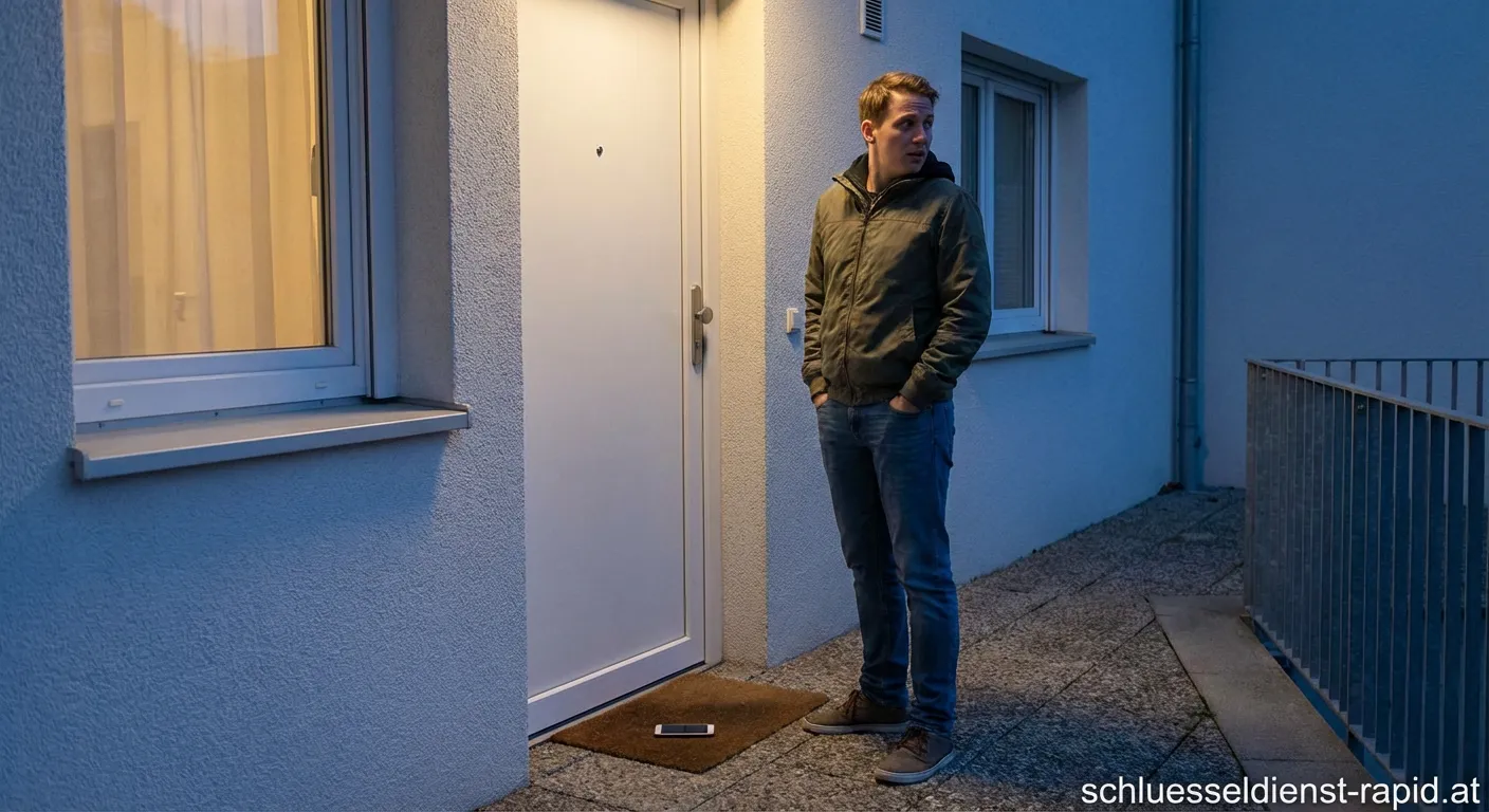 Person vor zugefallener Tür mit Schlüsseldienst